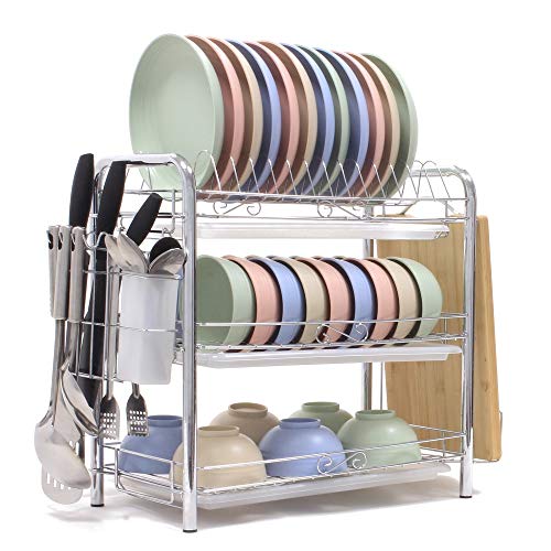 Dish Drying Rack 3-Tier Chrome Plating Dish Rack Stainless Steel Kitchen Dish Drainer Rack Organizer Tool-Free Installation With Utensil Holder/Drain Board/Cutting Board Bracket 3 Layers Cutlery Rack