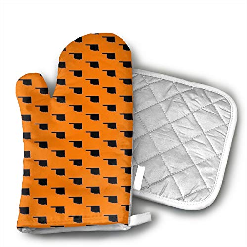 Oklahoma State - Orange Oven Mitts Kitchen Gloves and Pot Holders 2pcs for Kitchen Set with Cotton Neoprene Silicone Non-Slip Grip,Heat Resistant,Oven Gloves for BBQ Cooking Baking Grilling