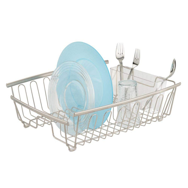 mDesign Large Kitchen Countertop, Sink Dish Drying Rack with Removable Cutlery Tray - Drain and Dry Wine Glasses, Bowls and Dishes - 2 Pieces - Satin Metal Wire/Clear BPA Free Cutlery Caddy