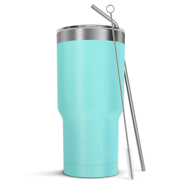 Atlin Tumbler [30 oz. Double Wall Stainless Steel Vacuum Insulation] Travel Mug [Crystal Clear Lid] Water Coffee Cup [Straw Included] (Turquoise) For Home,Office,School, Ice Drink, Hot Beverage