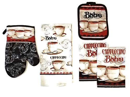 Bristo Cappuccino Coffee Linen 5 Piece Bundle Package Oven Mitt (1) Pot Holder (1) Kitchen Towel (1) Dish Cloths (2) (#4535)