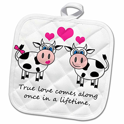3D Rose True Love Comes Along Once in A Lifetime – Cute Happy Cows Design Pot Holder, 8" x 8"