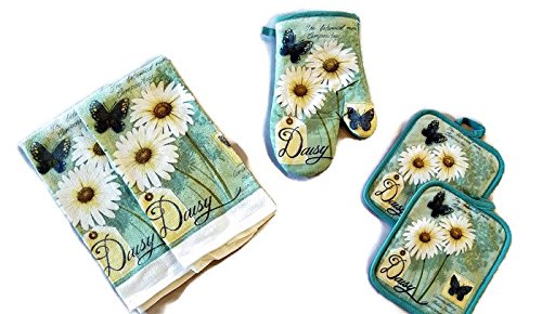 Butterfly And Daisy Linen 5 Piece Bundle Package Oven Mitt (1) Pot Holders (2) Kitchen Towels (2) (#4425)