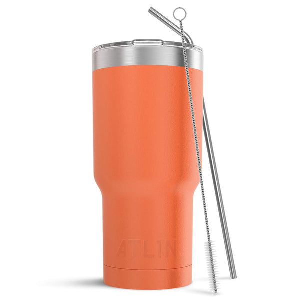 Atlin Tumbler [30 oz. Double Wall Stainless Steel Vacuum Insulation] Travel Mug [Crystal Clear Lid] Water Coffee Cup [Straw Included] (Orange) For Home,Office,School, Ice Drink, Hot Beverage