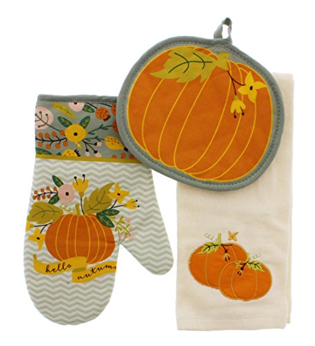 Fall Pumpkin Kitchen Towel, Oven Mitt, & Potholder Set 100% Cotton