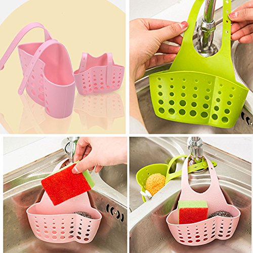 Sponge Sink Holder Adjustable Kitchen Gadget Storage Basket Snap Button Dish Washing Tool Bathroom Makeup Rack Shelf (Green)