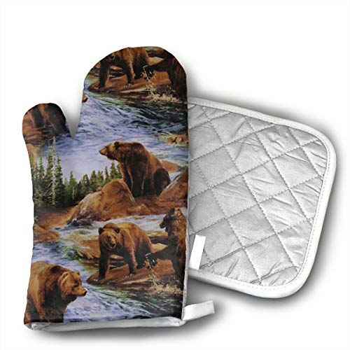 GUYDHL Unisex Oven Mitt and Pot Holder for Brown Grizzly Bears Grizzlies Wildlife Forest Animals - 2 Pair