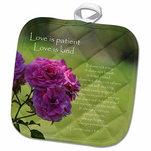 3D Rose Pretty Pink Roses Love is Patient Bible Verse-Inspirational Pot Holder, 8" x 8"