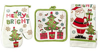 Christmas Oven Mitt Dish Towels Pot Holders Kitchen Linens Cotton Merry Bright Santa Green 3-Piece Bundle