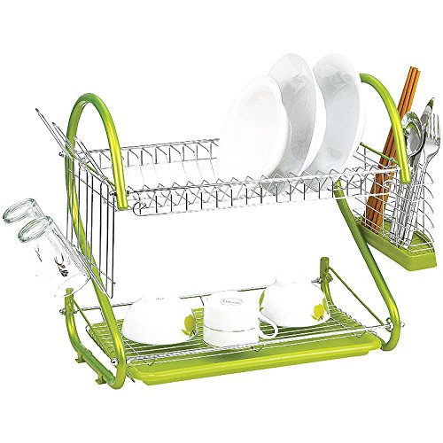 Dish Drying Rack - SODIAL(R) Stainless Steel 2 Tiers Kitchen Dish Cup Drying Rack Drainer (Color:green)