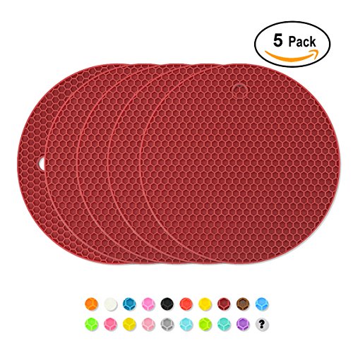 Silicone Coasters Pot Holder Thick Nonslip Trivets Heat Insulated Pads, Cup & Pans Mat, Jar Opener, Multipurpose for Kitchen & Home, Pack of 5, Burgundy