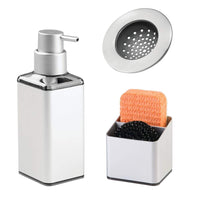 mDesign Kitchen Sink Accessory Set, Soap Dispenser, Sink Strainer, Scrub Hub- Set of 3, Silver