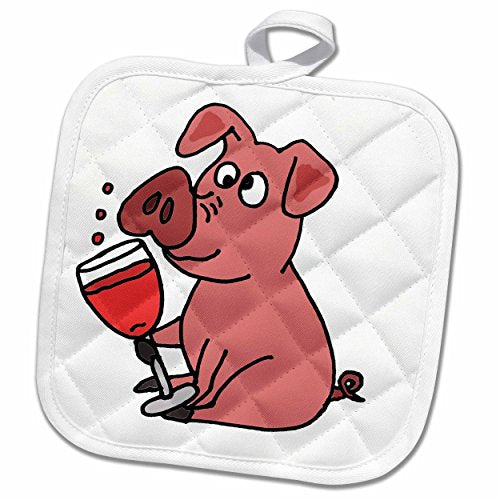 3D Rose Funny Pink Pig Drinking Wine Cartoon Pot Holder, 8 x 8