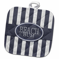 3D Rose Nautical Themed Beach Bum in Distressed Navy Blue Stripes Pot Holder, 8 x 8