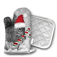 Christmas Squirrel,Candy Cane,Oven Mitts Kitchen Gloves and Pot Holders 2pcs for Kitchen Set with Cotton Neoprene Silicone Non-Slip Grip,Heat Resistant,Oven Gloves for BBQ Cooking Baking Grilling