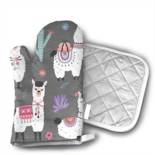 NoveltyGloves Cartoon Llama Alpaca Seamless Pattern Oven Mitts,Professional Heat Resistant Microwave BBQ Oven Insulation Thickening Cotton Gloves Baking Pot Mitts Soft Inner Lining Kitchen Cooking