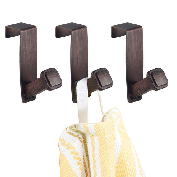 mDesign Decorative Metal Over the Cabinet Kitchen Hooks - Hang Over Cabinet Doors - Holds Dish Towels, Hand Towels, Pot Holders, Oven Mits - 3 Pack - Bronze