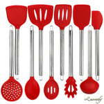 Luxcathy 304 Stainless Steel and Silicone Kitchen Cooking Utensil Set, 10-Pieces with Spoon, Spatula Tools, Pasta Server, Ladle, Strainer for Pots and Pans Non-Stick Heat Resistant Silicone (Red)