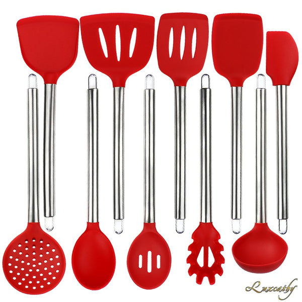 Luxcathy 304 Stainless Steel and Silicone Kitchen Cooking Utensil Set, 10-Pieces with Spoon, Spatula Tools, Pasta Server, Ladle, Strainer for Pots and Pans Non-Stick Heat Resistant Silicone (Red)