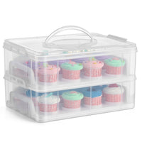 Flexzion Cupcake Carrier Holder Container Box (24 Slot, 2 Tier) - 24 Cupcakes Slot or 2 Large Cakes Pastry Clear Plastic Storage Basket Taker Courier with 2 Tier Stackable Layer Insert (Clear)