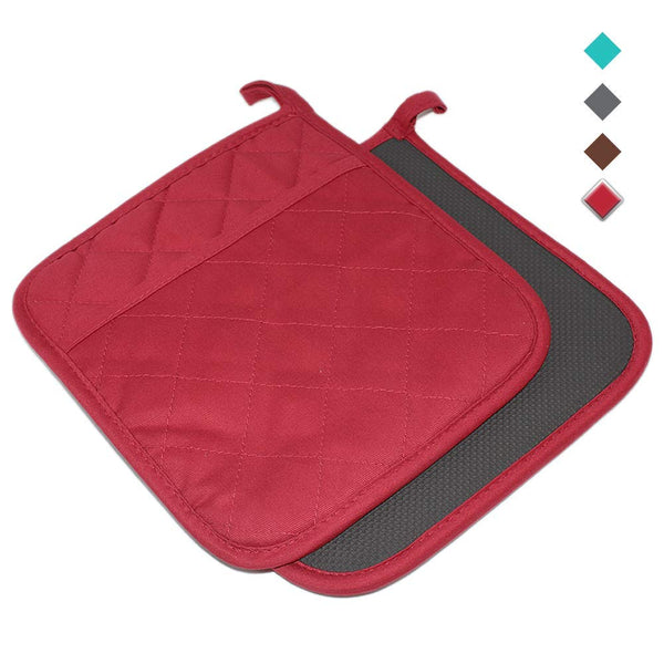 YEKOO Cotton and Neoprene Oven Pot Holder with Pocket 8"x8.5" Dual-Function Hot Pad Set for Finger Hand Wrist Protection Heat Resistant to 428°F Red