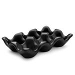 Flexzion Ceramic 6 Cups Egg Tray - Half Dozen Porcelain Egg Holder Container Keeper Storage Organizer Decorative Serving Dish Plate for Refrigerator Fridge Countertop Display Kitchen Home (Black)