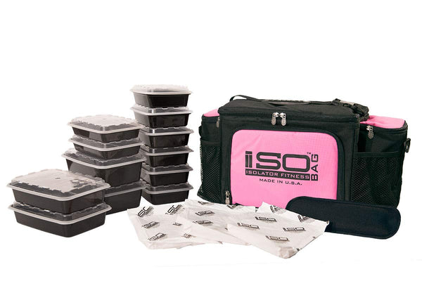 Isolator Fitness 6 Meal ISOBAG Meal Prep Management Insulated Lunch Bag Cooler with 12 Stackable Meal Prep Containers, 3 ISOBRICKS, and Shoulder Strap - MADE IN USA (Black/Pink Accent)