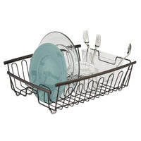 mDesign Large Kitchen Countertop, Sink Dish Drying Rack with Removable Cutlery Tray - Drain and Dry Wine Glasses, Bowls and Dishes - 2 Pieces, Bronze Metal Wire/Clear BPA Free Cutlery Caddy