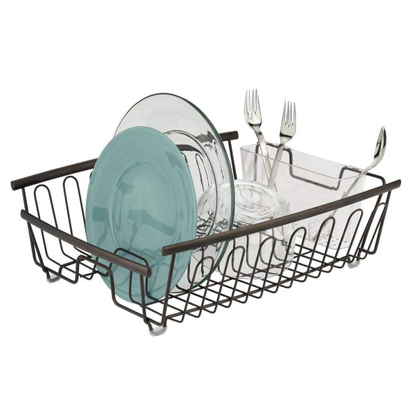 mDesign Large Kitchen Countertop, Sink Dish Drying Rack with Removable Cutlery Tray - Drain and Dry Wine Glasses, Bowls and Dishes - 2 Pieces, Bronze Metal Wire/Clear BPA Free Cutlery Caddy