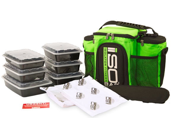 Isolator Fitness 3 Meal ISOBAG Meal Prep Management Insulated Lunch Bag Cooler with 6 Stackable Meal Prep Containers, 2 ISOBRICKS, and Shoulder Strap - MADE IN USA (Neon Green/Black)