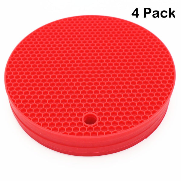 Lucky Plus Silicone Trivet for Hot Dish and Pot Hot Pads Counter Mat Heat Resistant Tablemats or Placemats 4 Pack,Size:7x7 Inch, Color: Red, Shape:Round