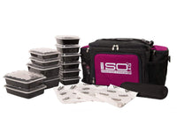 Isolator Fitness 6 Meal ISOBAG Meal Prep Management Insulated Lunch Bag Cooler with 12 Stackable Meal Prep Containers, 3 ISOBRICKS, and Shoulder Strap - MADE IN USA (Black/Fuchsia Accent)