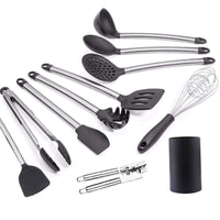 Kitchen Utensil Set Stainless Steel 11Piece - Cooking Utensils Set with Holder Nonstick Cookware (Silicone Head), BPA Free, Non Toxic Turner Tongs Spatula Spoon Set - Chef's Hand