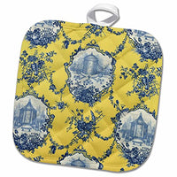 3D Rose Garden French Yellow and Blue. Popular Toile Print. Pot Holder 8 x 8