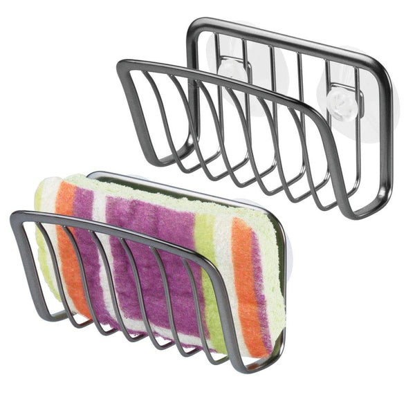 mDesign Metal Farmhouse Kitchen Sink Organizer Caddy, Storage Holder for Sponges, Soaps, Scrubbers - Quick Drying Wire Basket Design, Strong Suction Cups - 2 Pack - Brushed Black Nickel