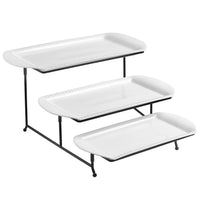 Lifver 15-inch Porcelain Embossed Rectangular Platters/Serving Plates With 3 Tier Metal Display Stand, Set of 3, White