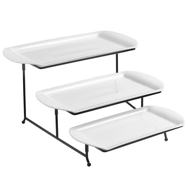 Lifver 15-inch Porcelain Embossed Rectangular Platters/Serving Plates With 3 Tier Metal Display Stand, Set of 3, White