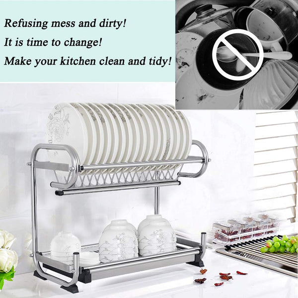 Probrico 2-Tier Stainless Steel Dish Drying Dryer Rack 490mm(19.5") Drainer Plate Bowl Storage Organizer Holder Wall Mounted Distance:450mm(18")