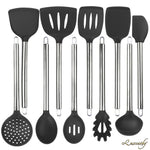 Luxcathy 304 Stainless Steel and Silicone Kitchen Utensil Set, 10-Pieces with Spoon, Spatula Tools, Pasta Server, Ladle, Strainer for Pots and Pans Non-Stick Heat Resistant Silicone (Black)