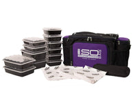 Isolator Fitness 6 Meal ISOBAG Meal Prep Management Insulated Lunch Bag Cooler with 12 Stackable Meal Prep Containers, 3 ISOBRICKS, and Shoulder Strap - MADE IN USA (Black/Purple Accent)