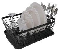 ESYLIFE Kitchen Dish Drainer Drying Rack with Drip Tray and Full-Mesh Silverware Storage Basket, Black