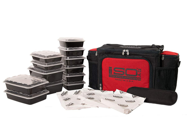 Isolator Fitness 6 Meal ISOBAG Meal Prep Management Insulated Lunch Bag Cooler with 12 Stackable Meal Prep Containers, 3 ISOBRICKS, and Shoulder Strap - MADE IN USA (Black/Red Accent)