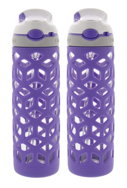 Contigo AUTOSPOUT Ashland Glass Water Bottle w/ Silicone Sleeve - Spout Shield Protects from Germs - BPA Free- Top Rack Dishwasher Safe -Great for Home and Travel - 20 Ounces, Grapevine (2 Pack)