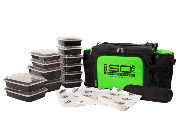 Isolator Fitness 6 Meal ISOBAG Meal Prep Management Insulated Lunch Bag Cooler with 12 Stackable Meal Prep Containers, 3 ISOBRICKS, and Shoulder Strap - MADE IN USA (Black/Neon Green Accent)