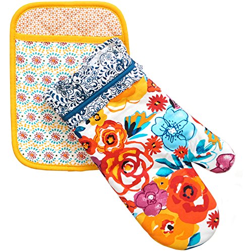 The Pioneer Woman Kitchen Set Pot Holder and Oven Mitt Set Red Bandana, Dandelion, Flea Market (Flea Market)