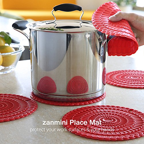 zanmini 4pcs Hot Pads for Countertops, 6 in 1 Silicone Trivets For Hot Dishes, with Pot Holder, Spoon Rest, Jar Opener, Large Coaster, Garlic Peeler, Easy Clean&Dishwasher Safe (Red)