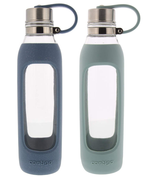 Contigo Purity Glass Water Bottle - Protective Silicone Sleeve and Tethered Lid Included - Tasteless and Odorless Drinking - 100% BPA-Free - 20-Ounce, 2 Pack, Sea Glass and Stormy Weather