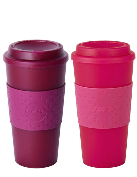 Copco Acadia Double Wall Insulated 16 oz Travel To Go Mug with Non-Slip Sleeve, Set of 2, Commuter Friendly, Drink On the Go (Translucent Marsala Red/Translucent Pink)