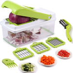 Vegetable Chopper,Upintek Vegetable Fruit Dicer,Effortless No-Mess Salad Onion Vegetable Cutter+Peeler Slicer (Freebies),3Interchangeable Blades Set with Food Container,Cleaning Brush for Veggie Pasta