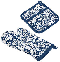 DII Cotton Damask Oven Mitt 12 x 6.5" and Pot Holder 8.5 x 8" Kitchen Gift Set, Machine Washable and Heat Resistant for Cooking and Baking-Nautical Blue